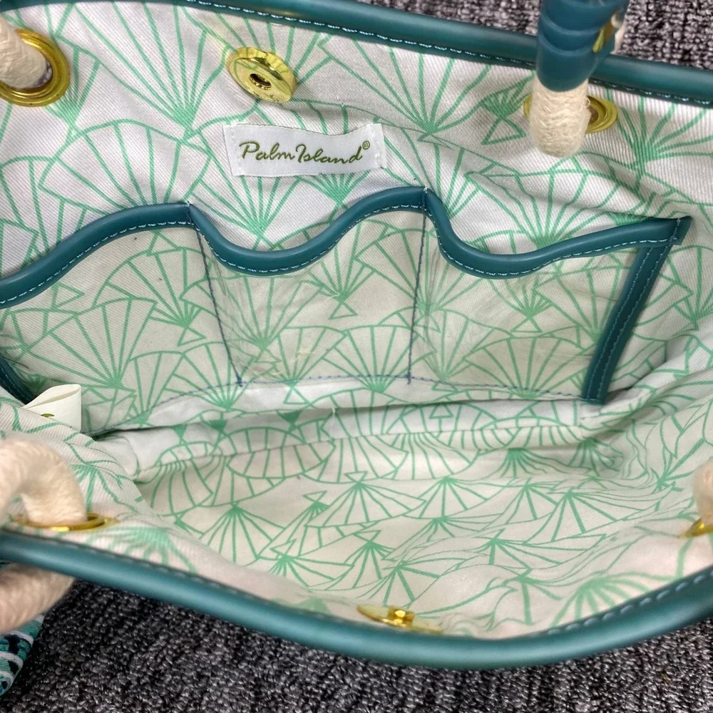 Palm‎ Island Sea Turtle Seashell Tote Bag Pouch Set Teal Blue Beach Rope Handle